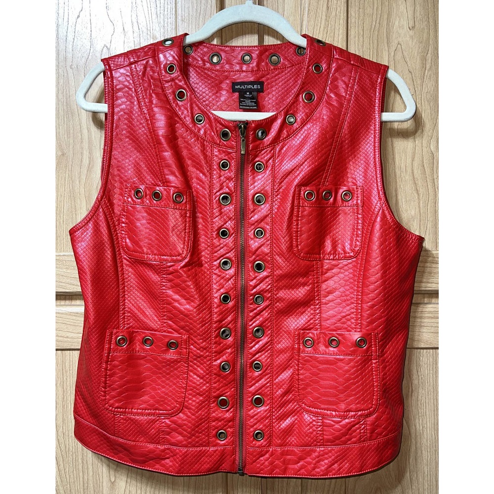 Multiples Vest Red Sleeveless Faux Leather Women’s Size M Leopard Print Lining
